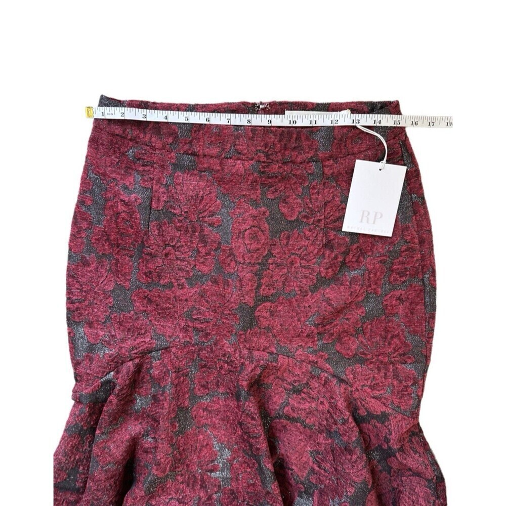 Rachel Parcell Jacquard Floral High Low Ruffle Hem Skirt Burgundy Gray Sz 8 - Picture 6 of 10